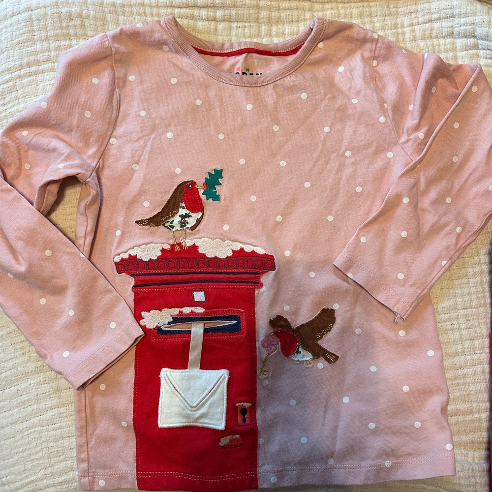 Mini Boden Pink Polka Dot Long Sleeve Tee with Bird and Mailbox